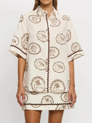 Printed Button Up Shirt and Skirt Set