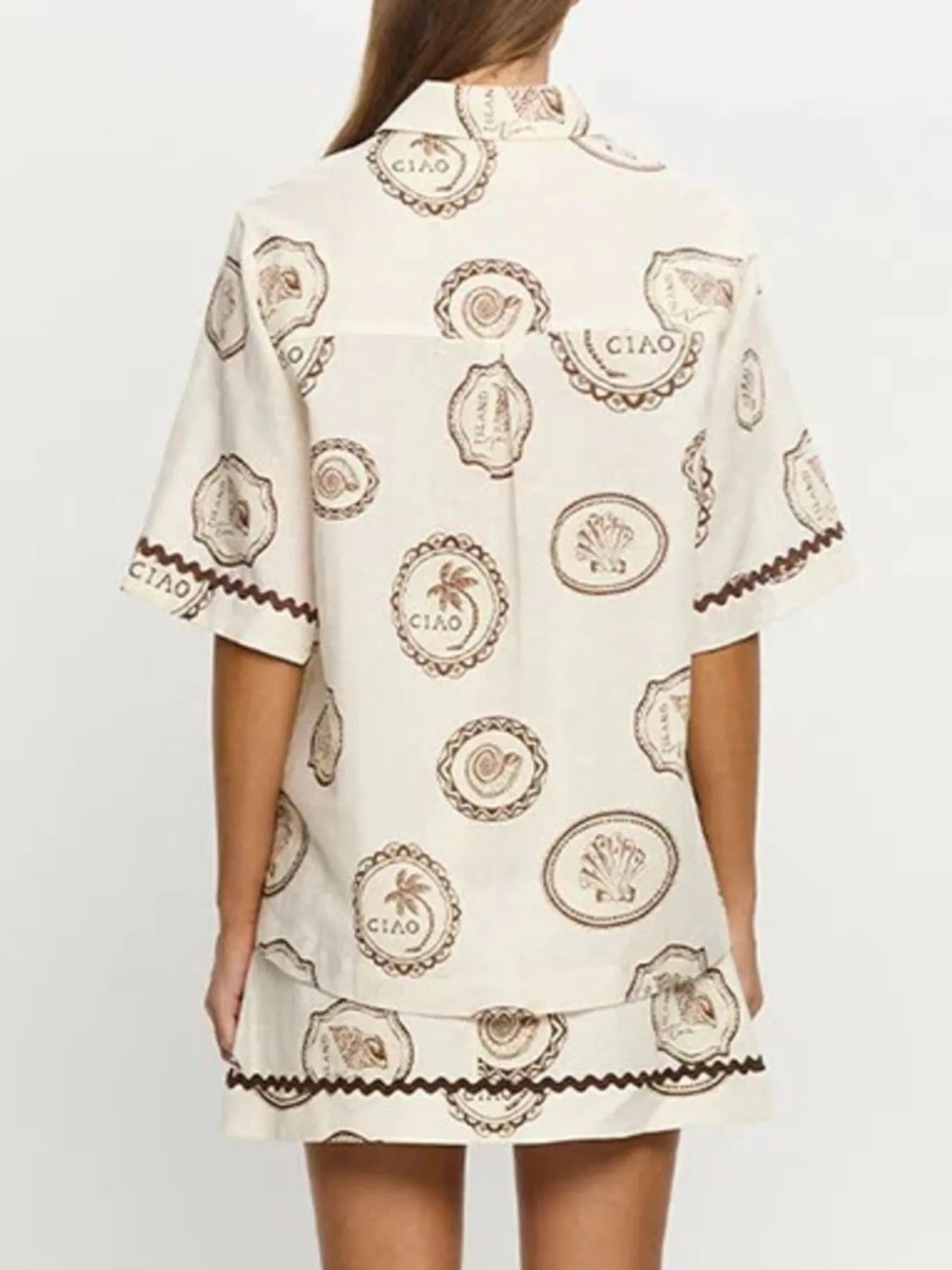 Printed Button Up Shirt and Skirt Set