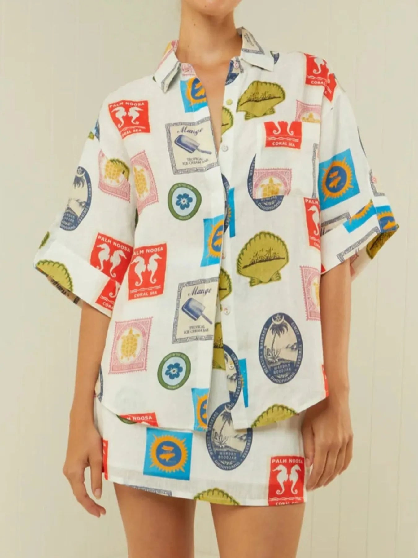 Printed Button Up Shirt and Skirt Set