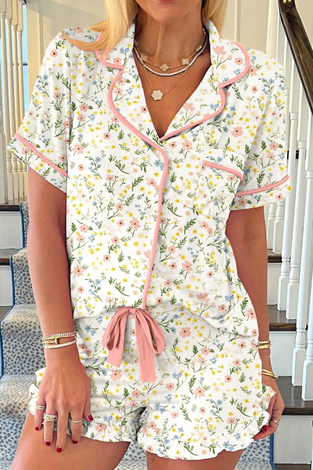 Printed Button Up Short Sleeve Top and Shorts Lounge Set Ivory / M