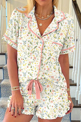 Printed Button Up Short Sleeve Top and Shorts Lounge Set Ivory / M
