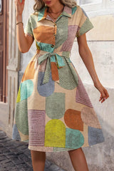 Printed Collared Neck Tie Waist Dress