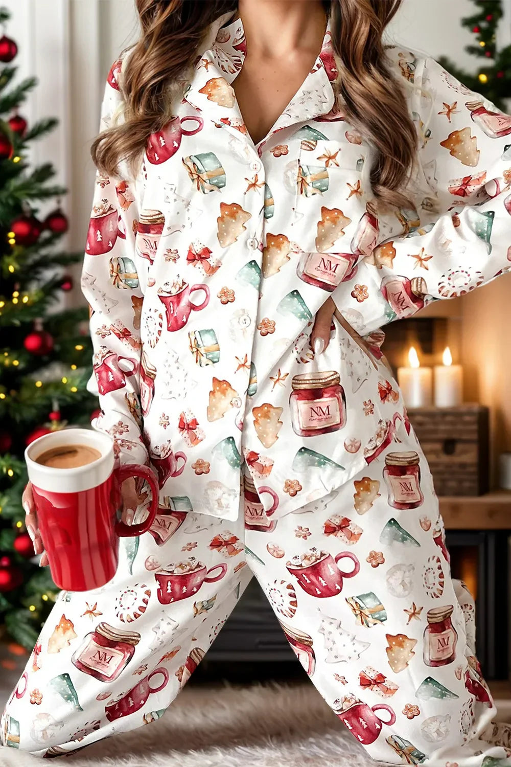 Printed Collared Neck Top and Pants Lounge Set White / S
