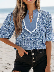 Printed Contrast Ric-Rac Puff Sleeve Top