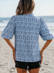 Printed Contrast Ric-Rac Puff Sleeve Top