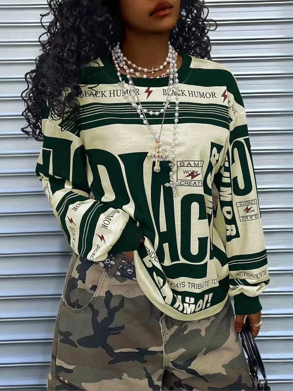Printed Drop Shoulder Long Sleeve T-Shirt Army Green / S