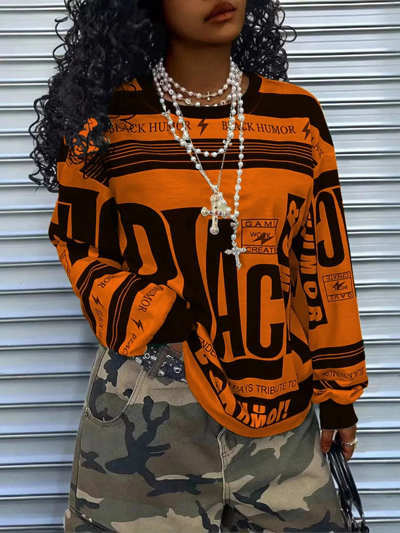 Printed Drop Shoulder Long Sleeve T-Shirt Orange / S