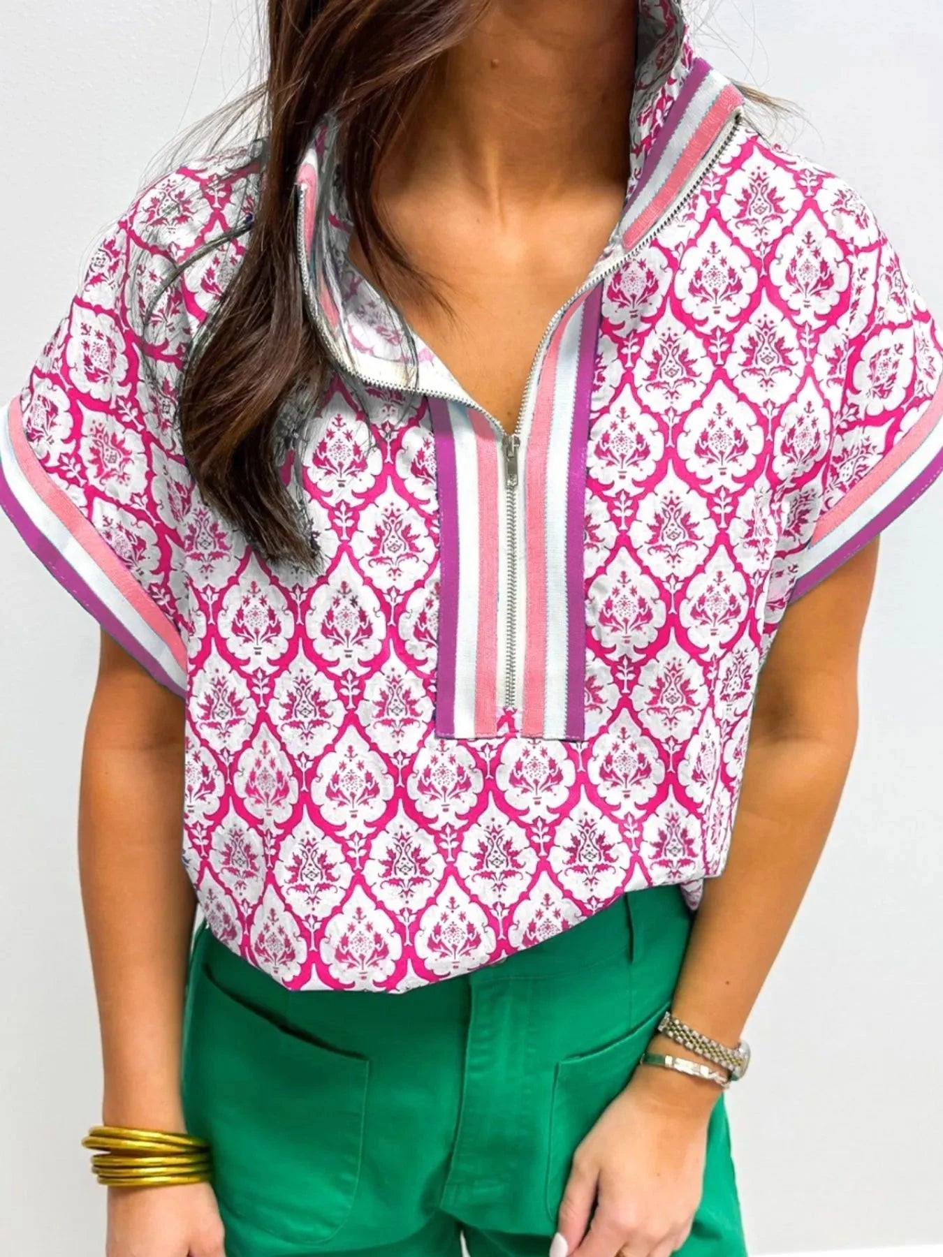 Printed Half Zip Short Sleeve Blouse