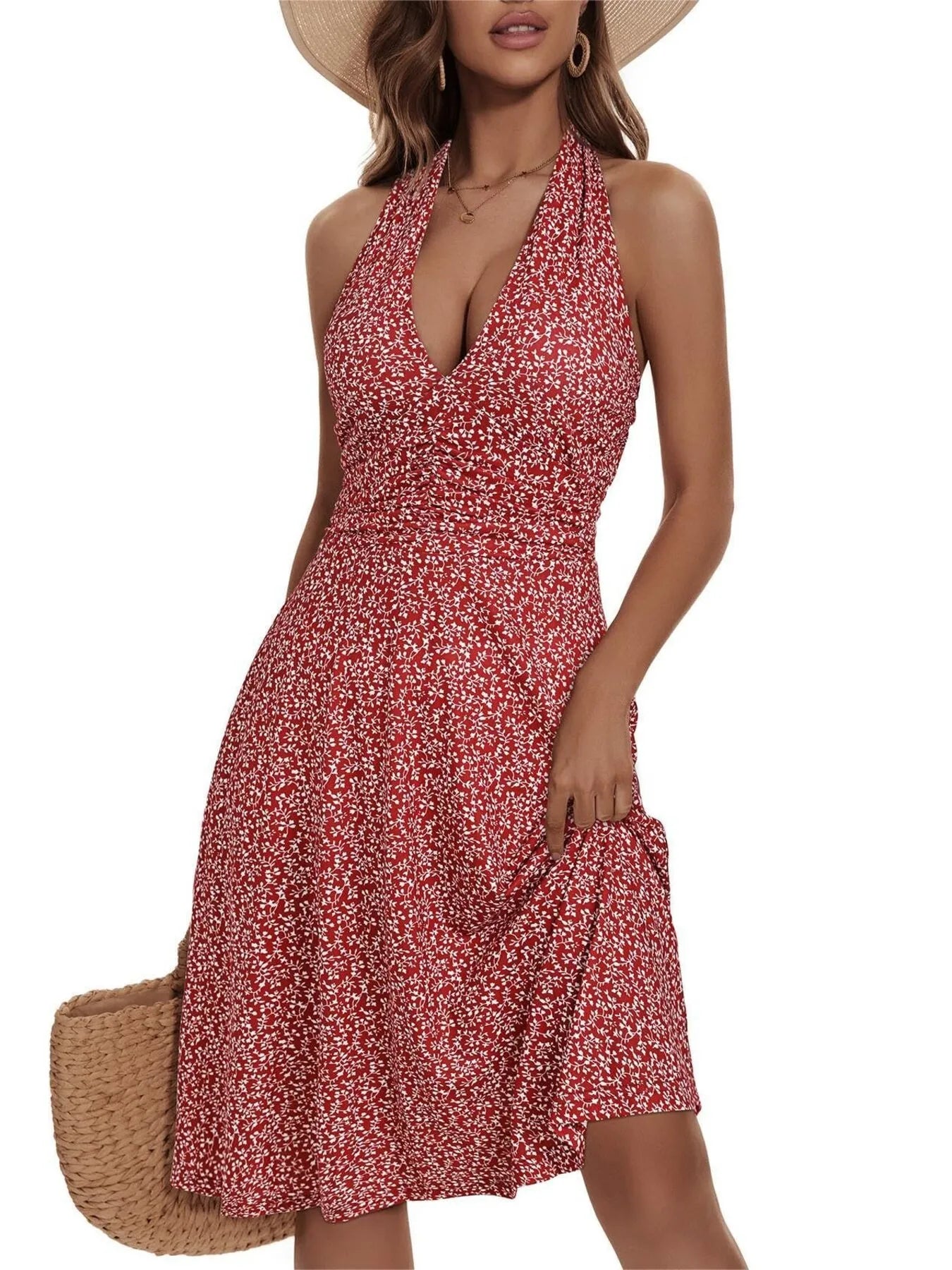 Printed Halter Neck Dress Brick Red / S