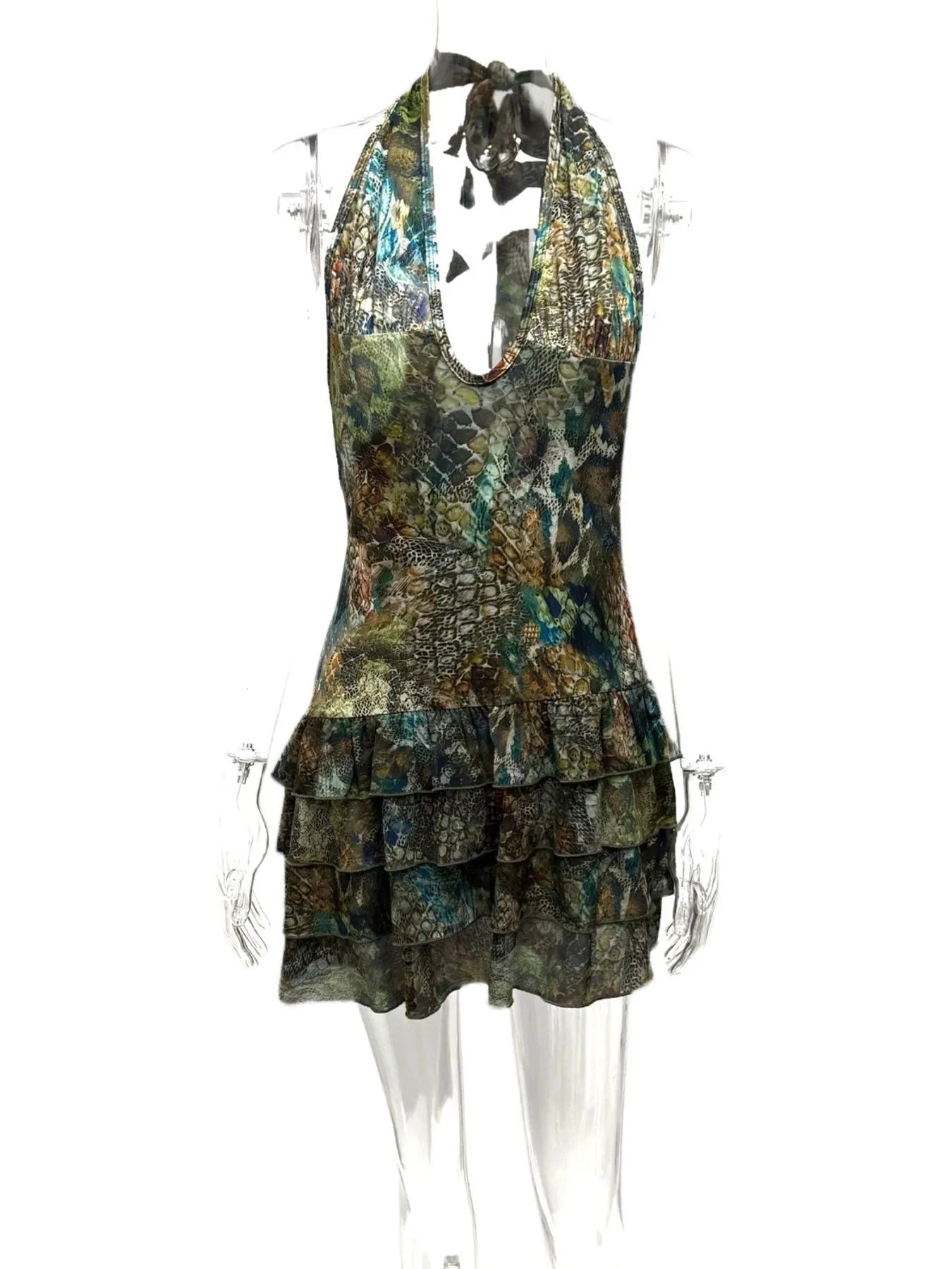 Printed Halter Neck Layered Dress