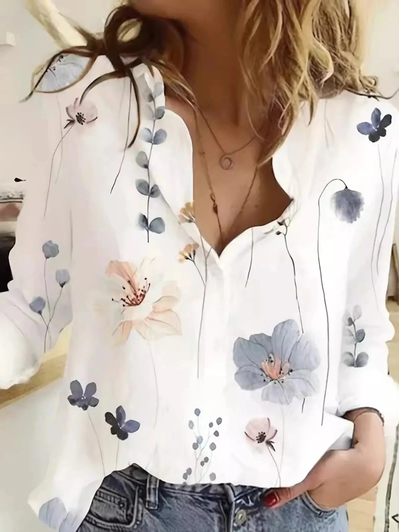 Printed Long Sleeve Blouse White / S