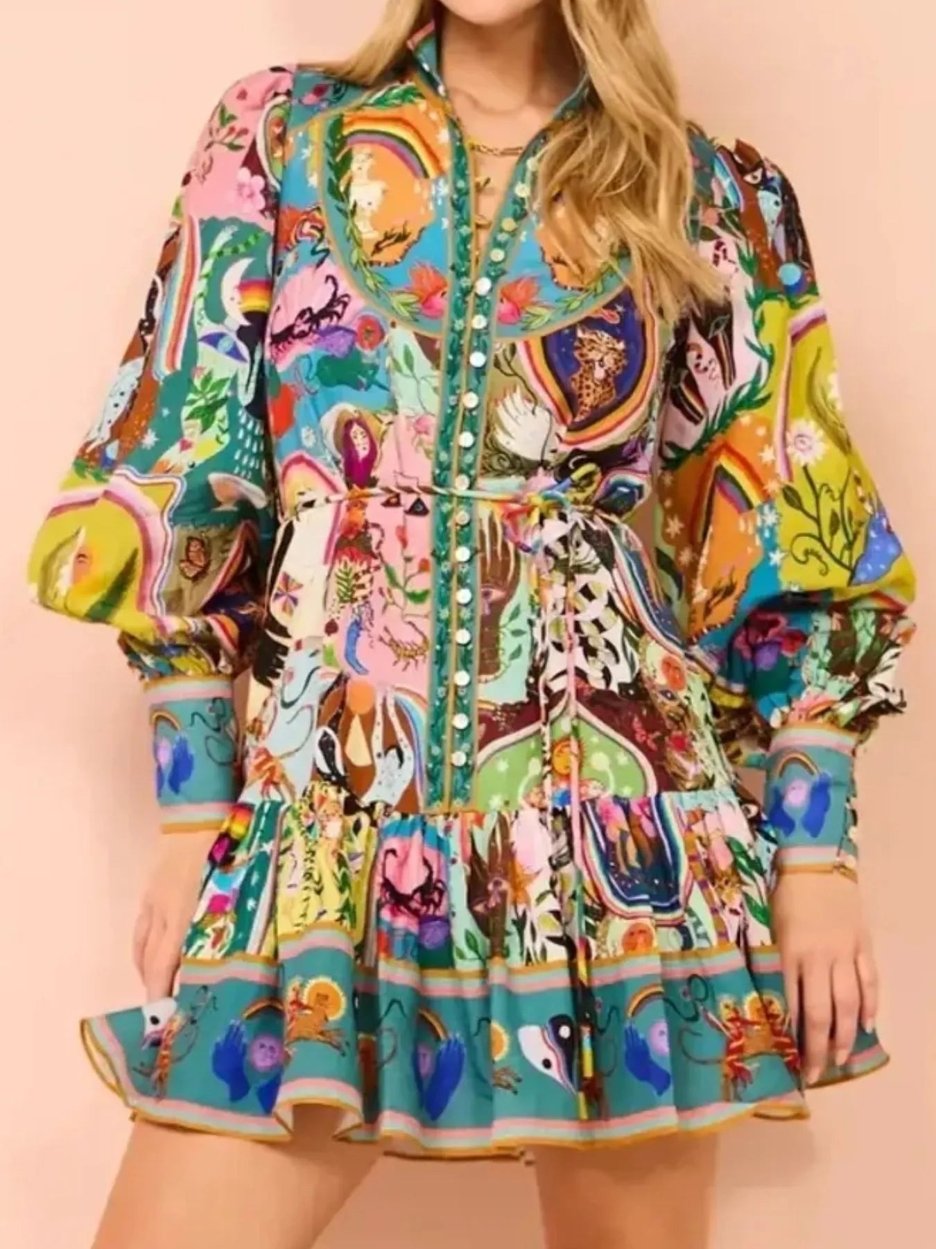 Printed Long Sleeve Mini Dress with Belt