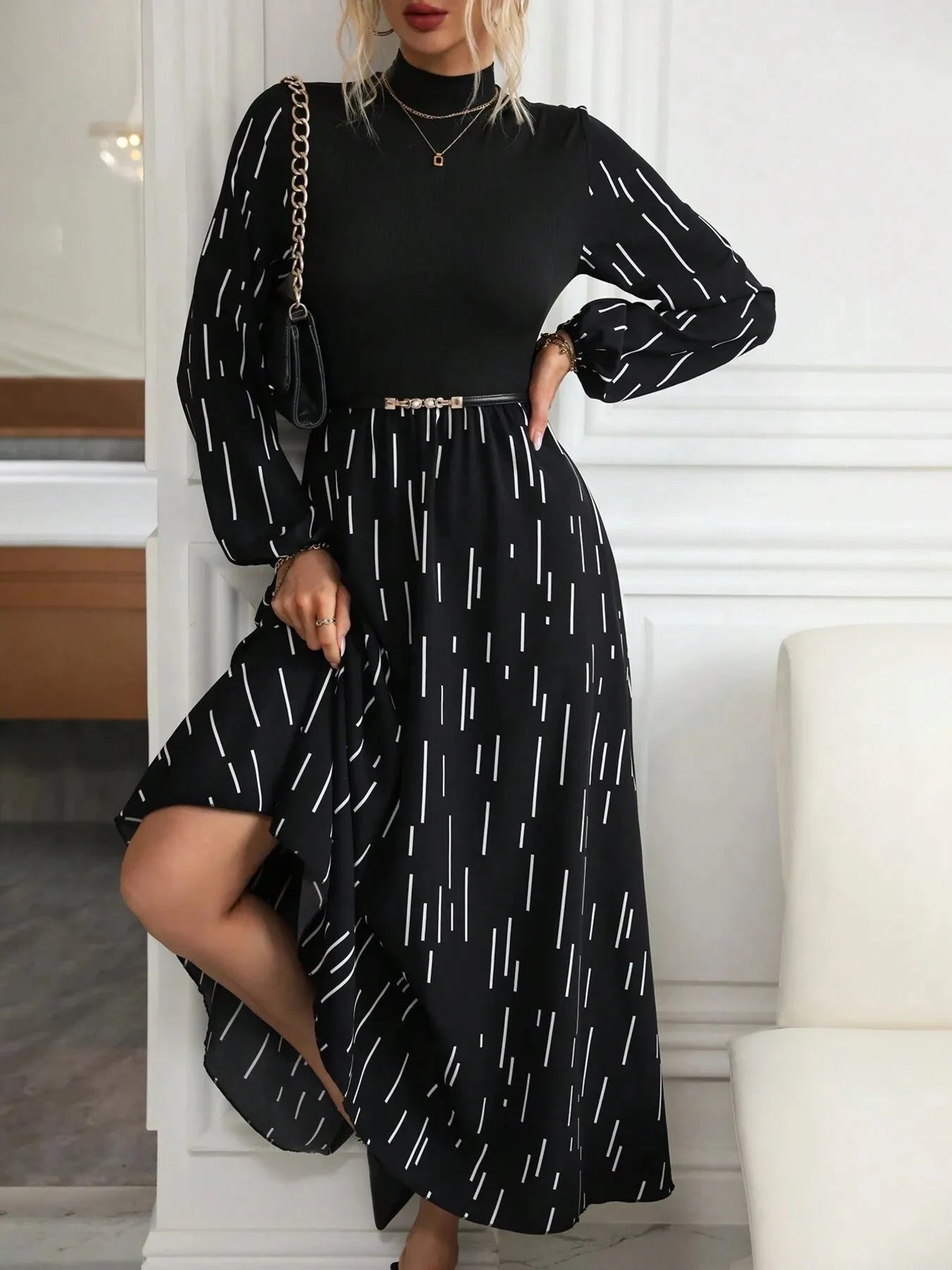 Printed Long Sleeve Mock Neck Dress