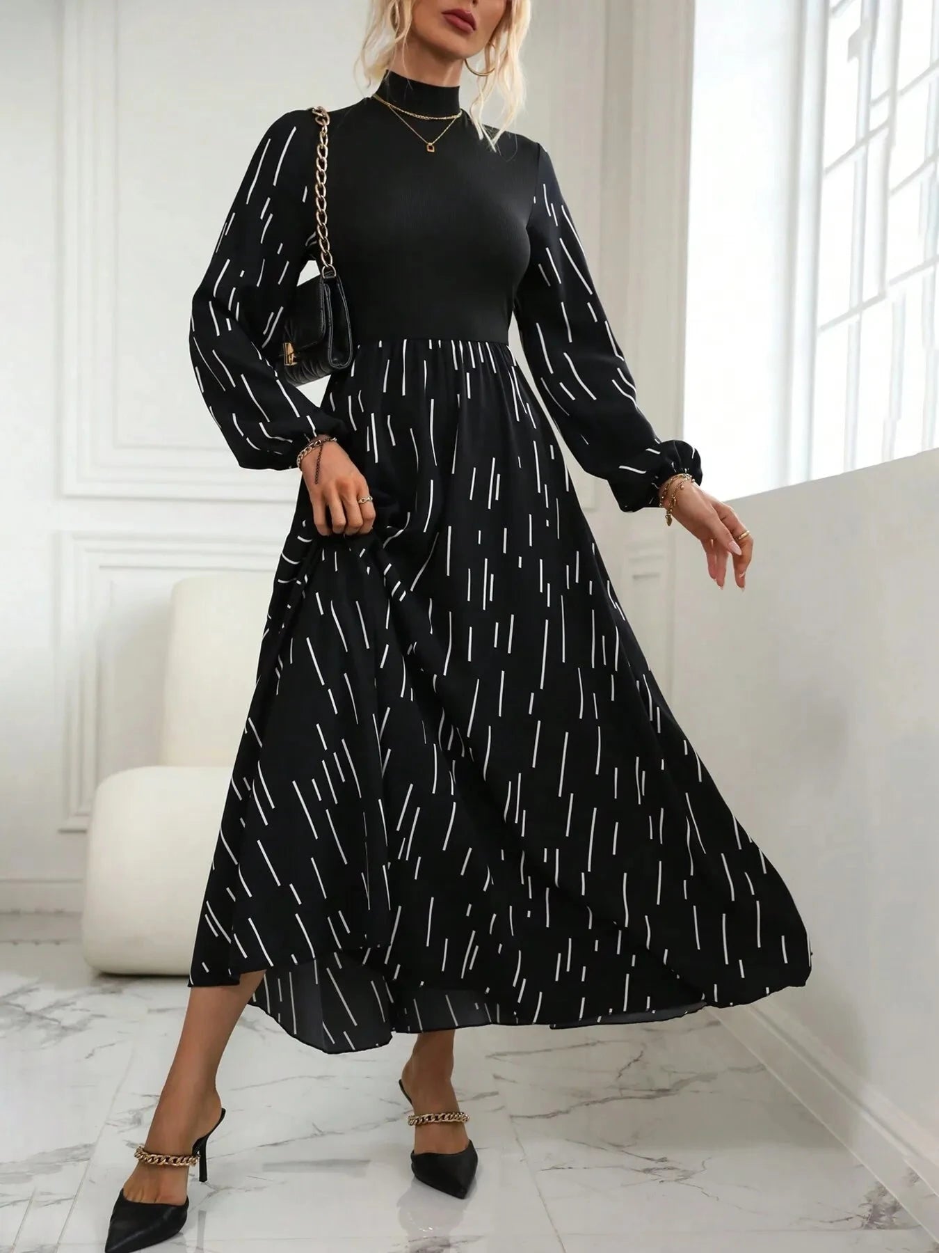 Printed Long Sleeve Mock Neck Dress