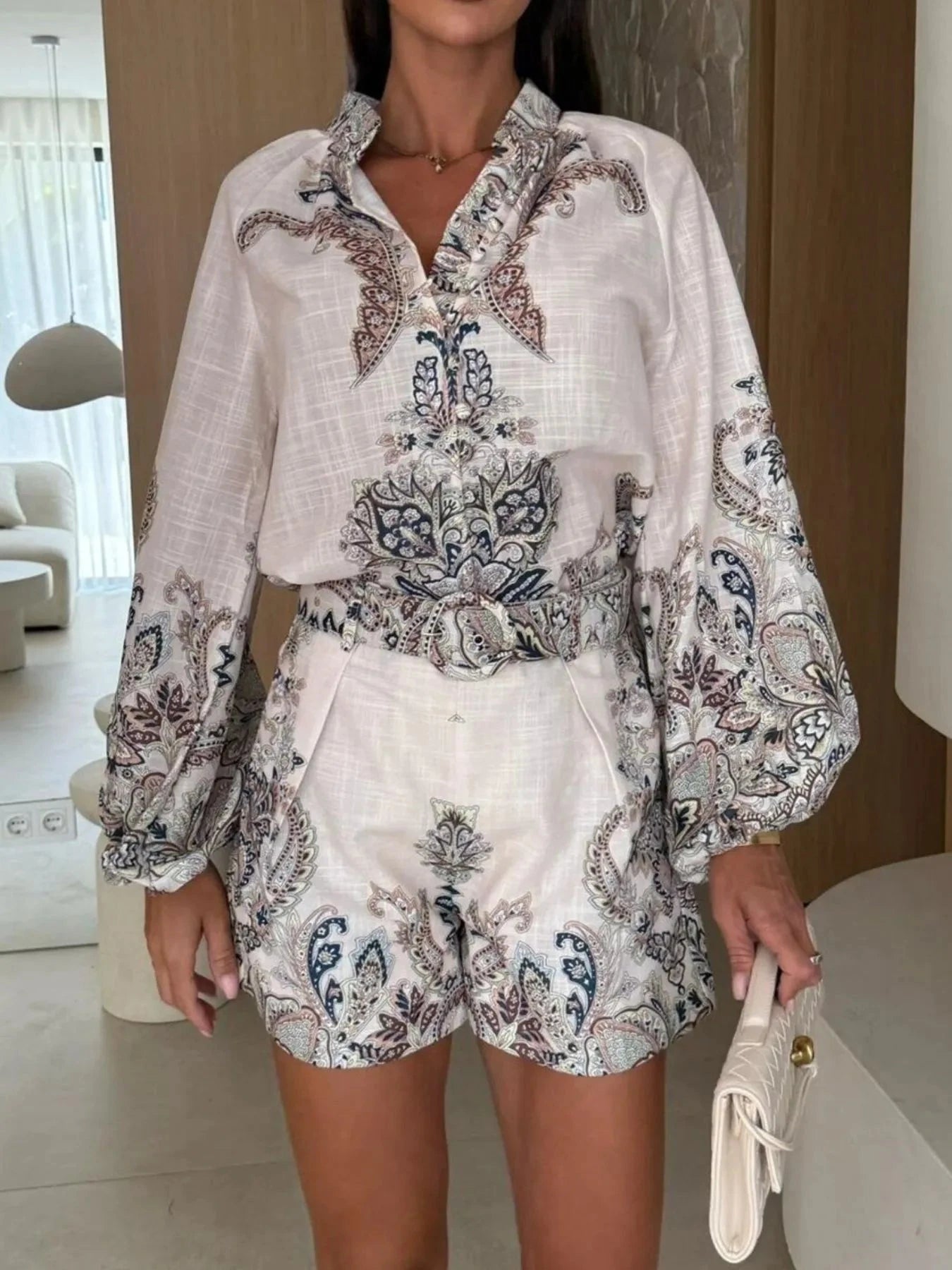 Printed Long Sleeve Shirt and Shorts Set