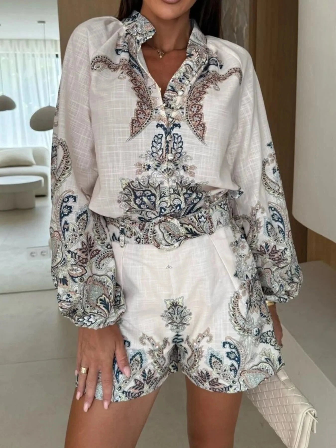 Printed Long Sleeve Shirt and Shorts Set