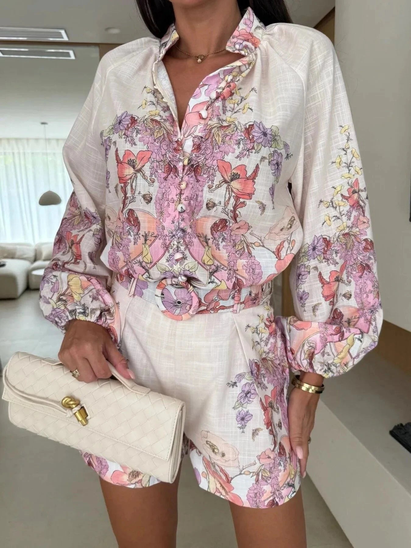 Printed Long Sleeve Shirt and Shorts Set Pink / S