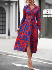 Printed Long Sleeve Shirt Dress Blue / S