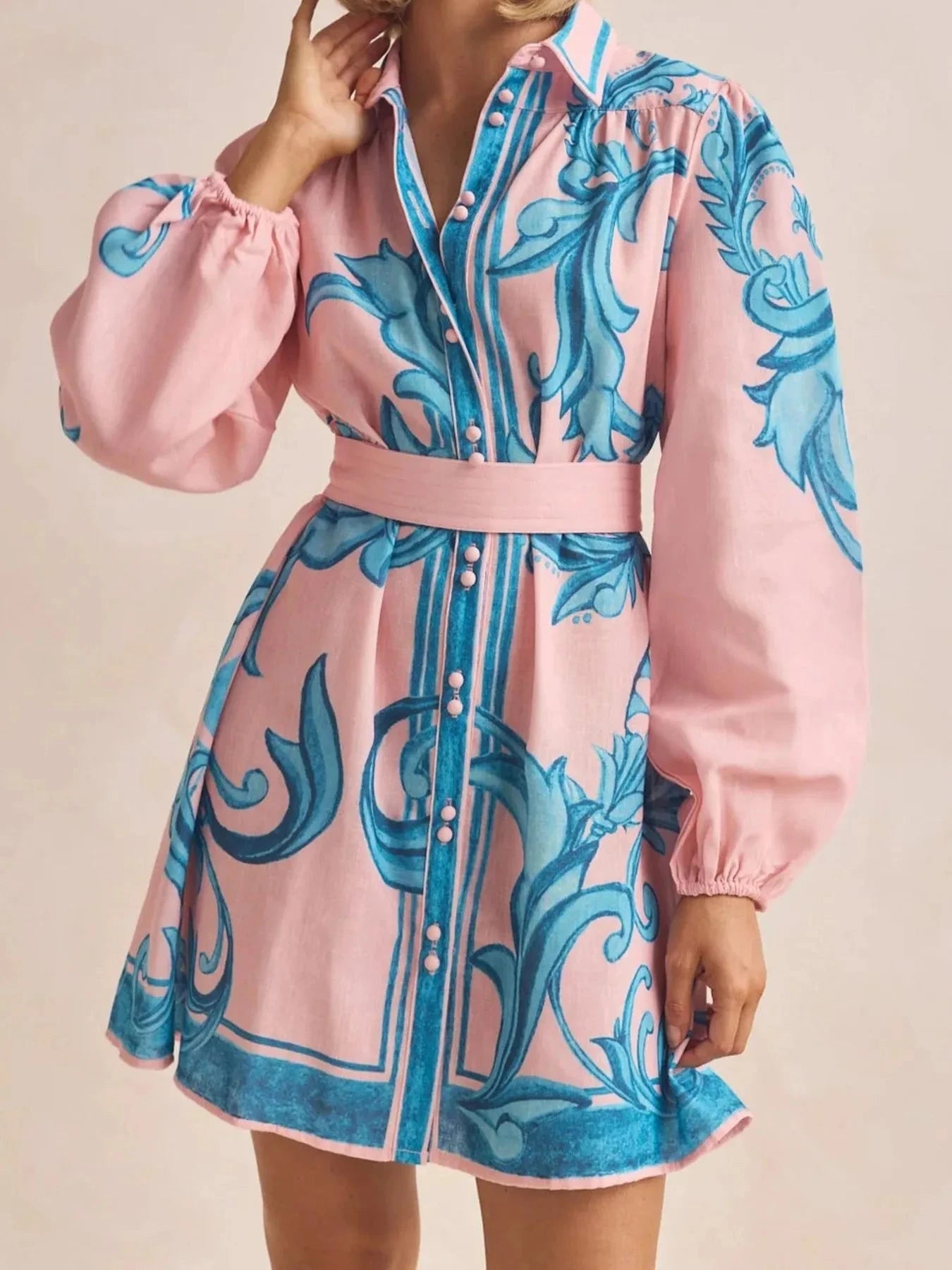 Printed Long Sleeve Shirt Dress Blush Pink / S