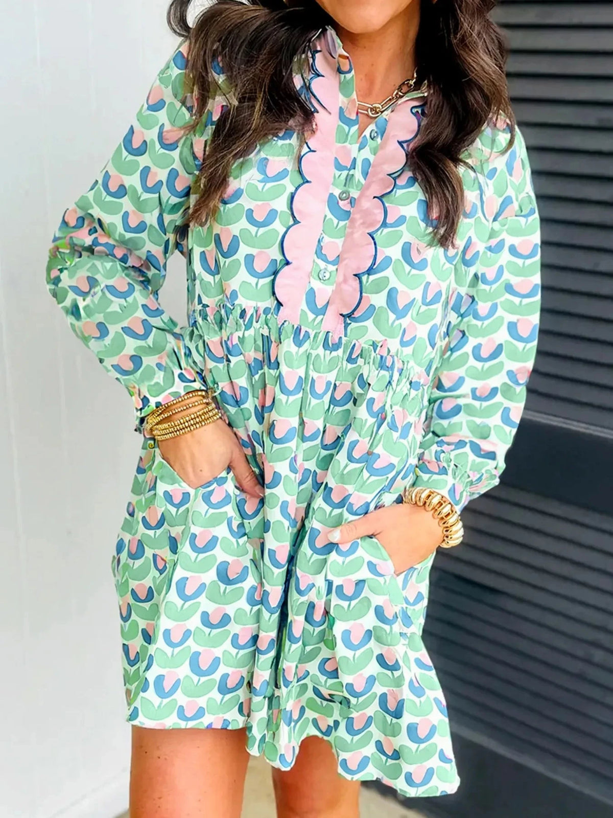 Printed Long Sleeve Shirt Dress Gum Leaf / S