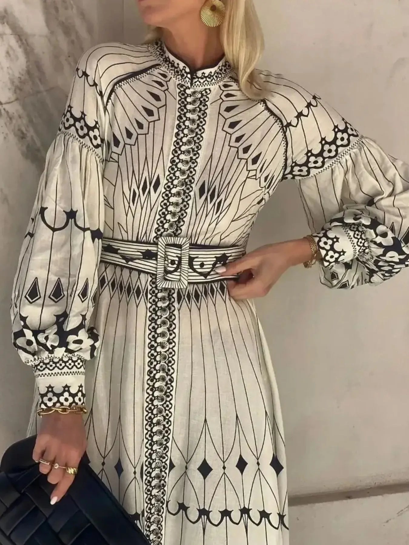 Printed Long Sleeve Shirt Dress with Belt Beige / S