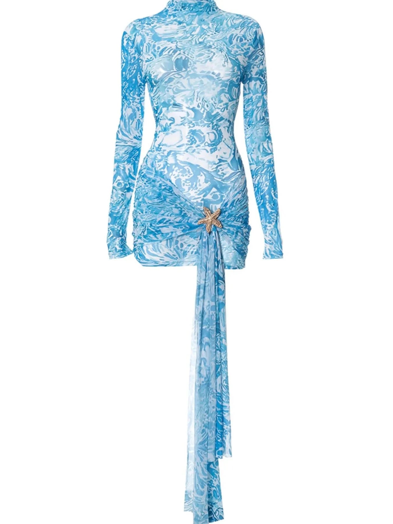 Printed Mock Neck Long Sleeve Mini Dress