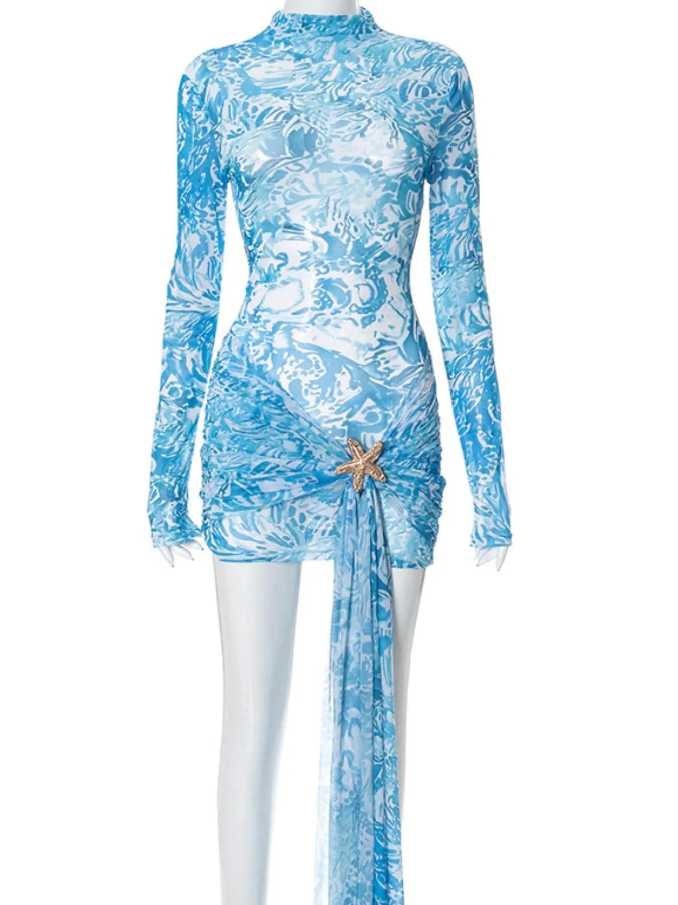 Printed Mock Neck Long Sleeve Mini Dress