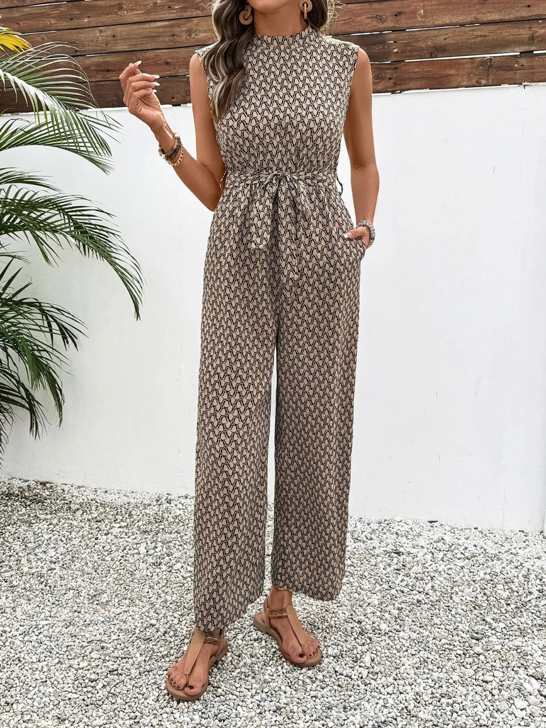 Printed Mock Neck Sleeveless Jumpsuit Camel / S