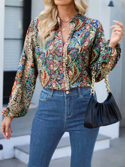 Printed Notched Balloon Sleeve Blouse