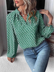 Printed Notched Long Sleeve Blouse