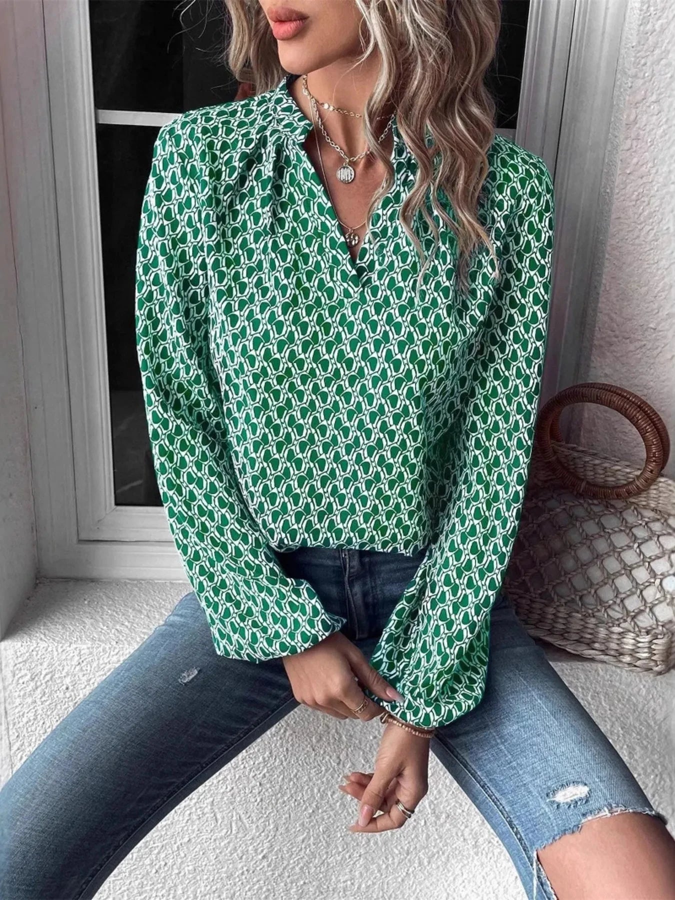 Printed Notched Long Sleeve Blouse Dark Green / S