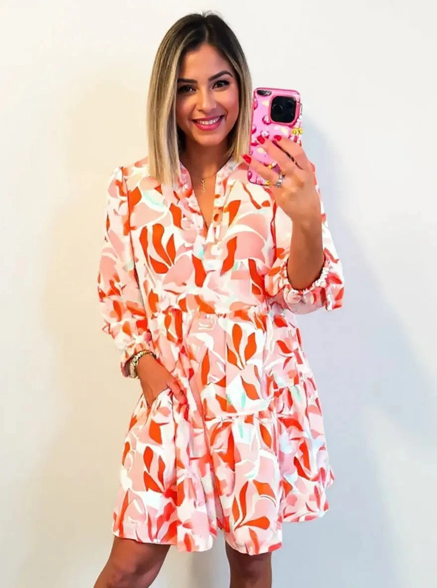 Printed Notched Long Sleeve Dress Sherbet / S