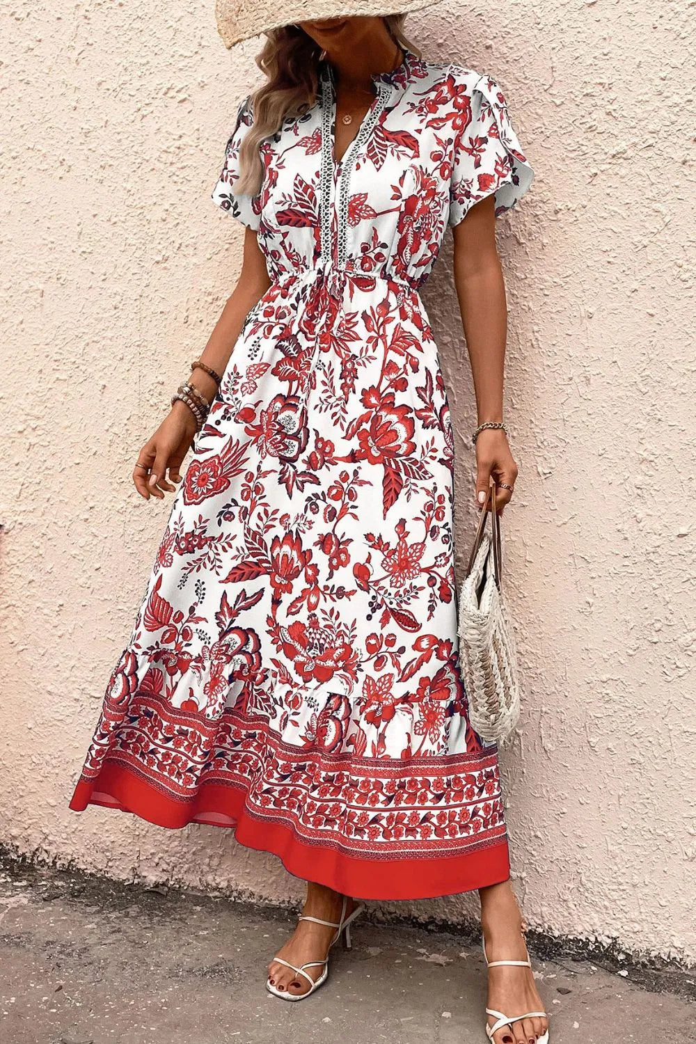 Printed Notched Short Sleeve Dress Orange-Red / S