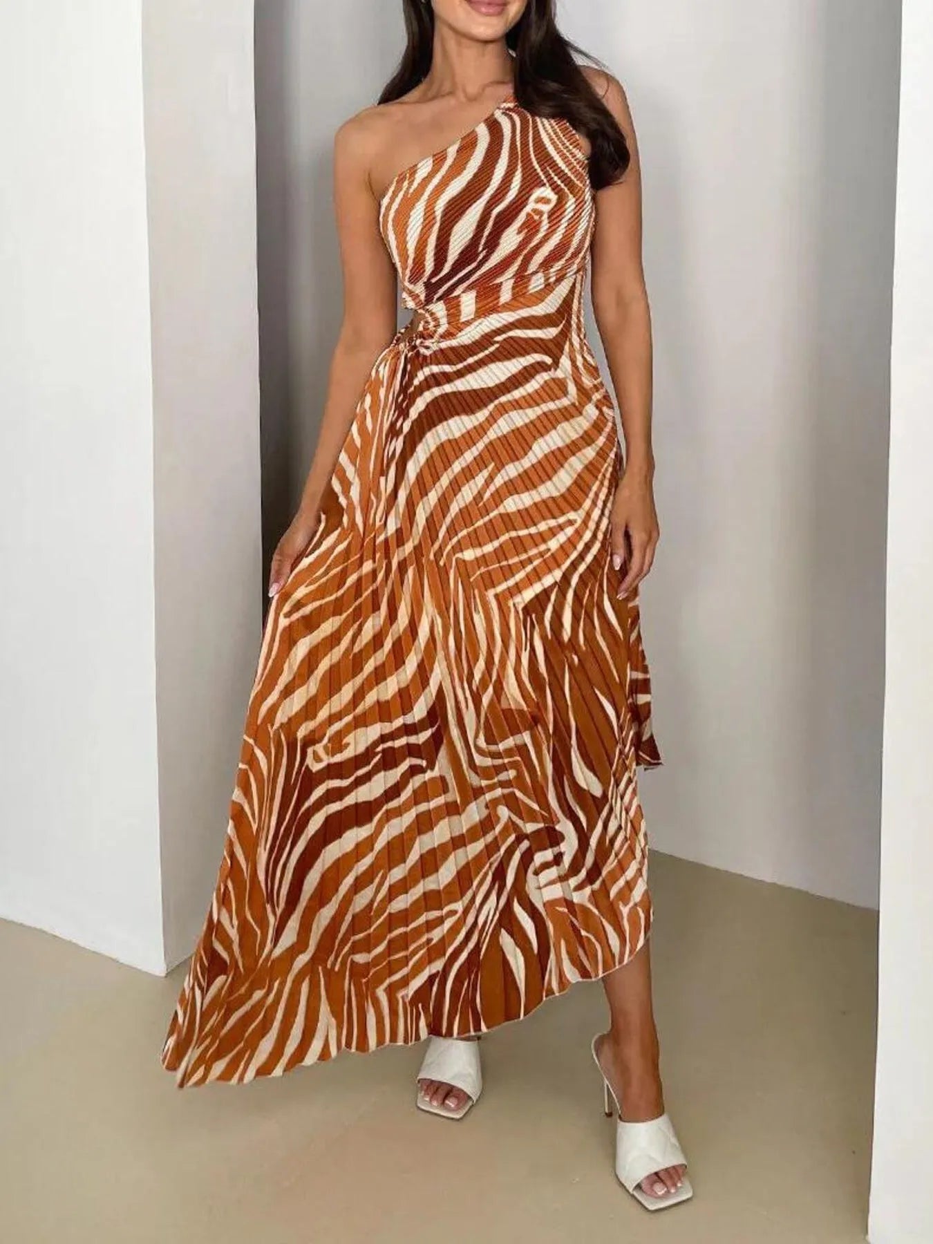 Printed One Shoulder Asymmetrical Maxi Dress Caramel / S