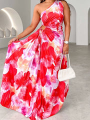 Printed One Shoulder Asymmetrical Maxi Dress Red / S