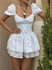 Printed Puff Sleeve Layered Dress White / S