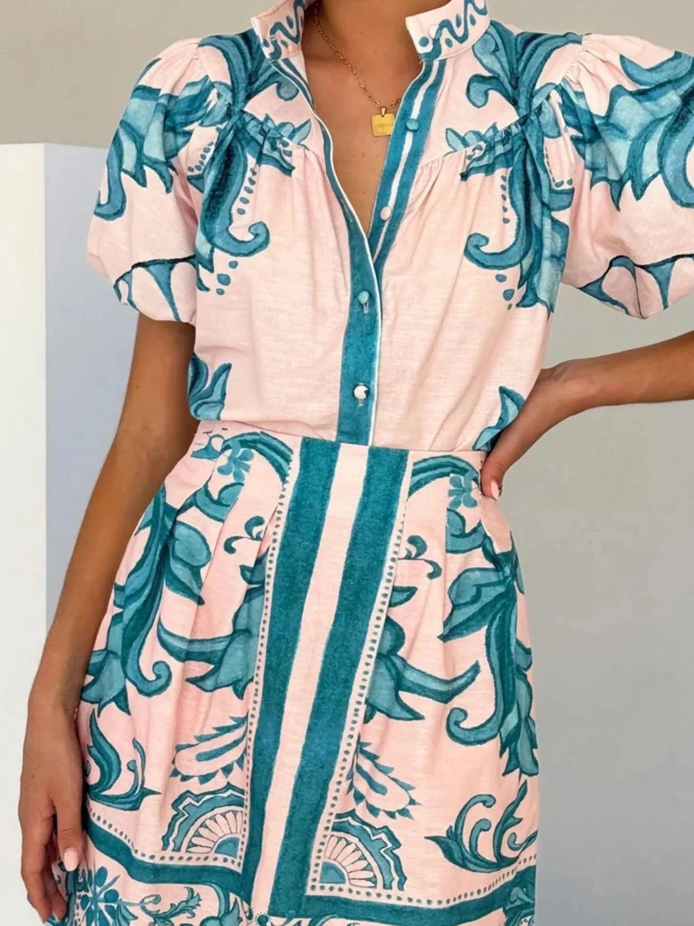 Printed Puff Sleeve Top and Skirt Set Green / S