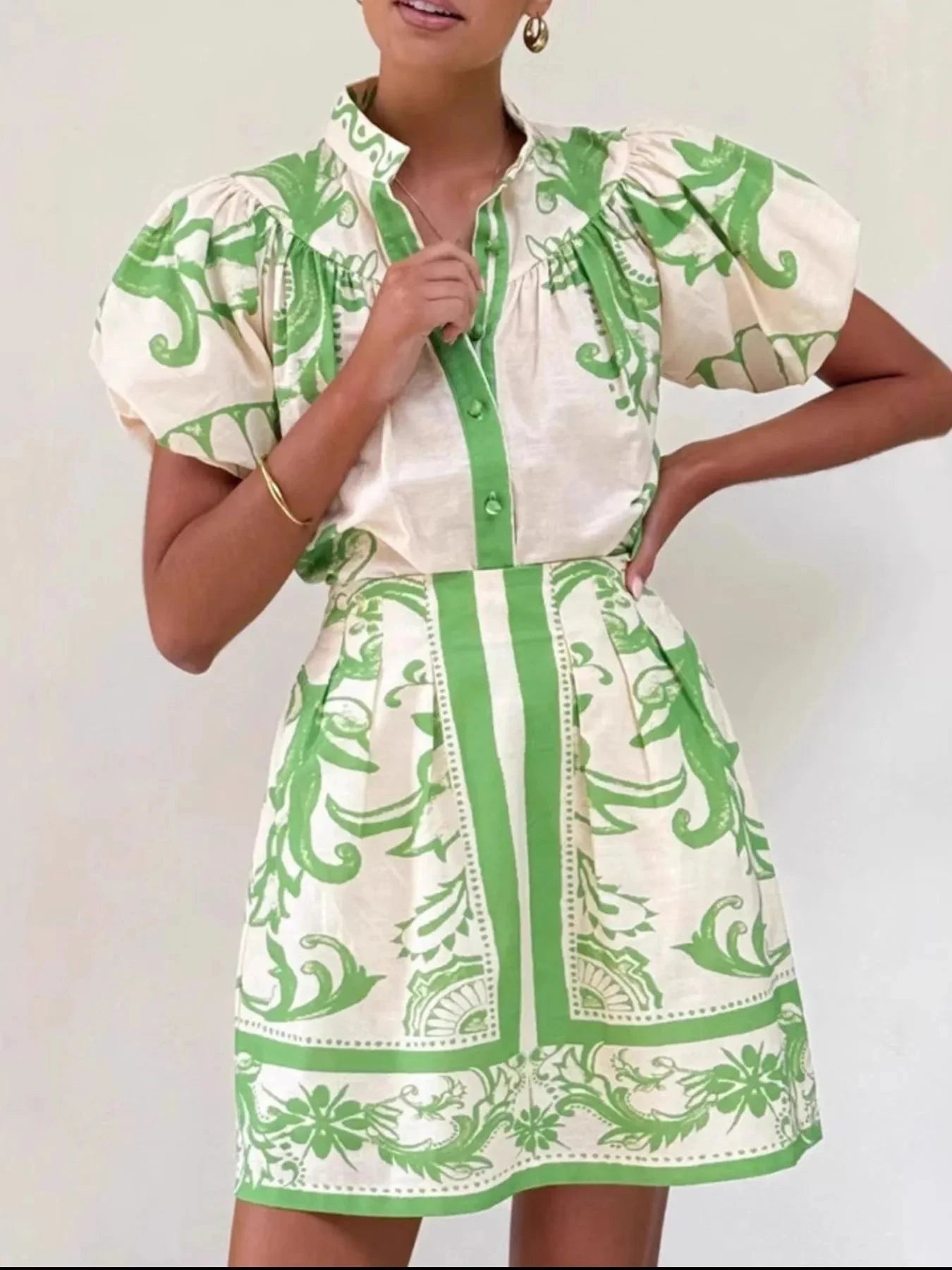 Printed Puff Sleeve Top and Skirt Set Light Green / S