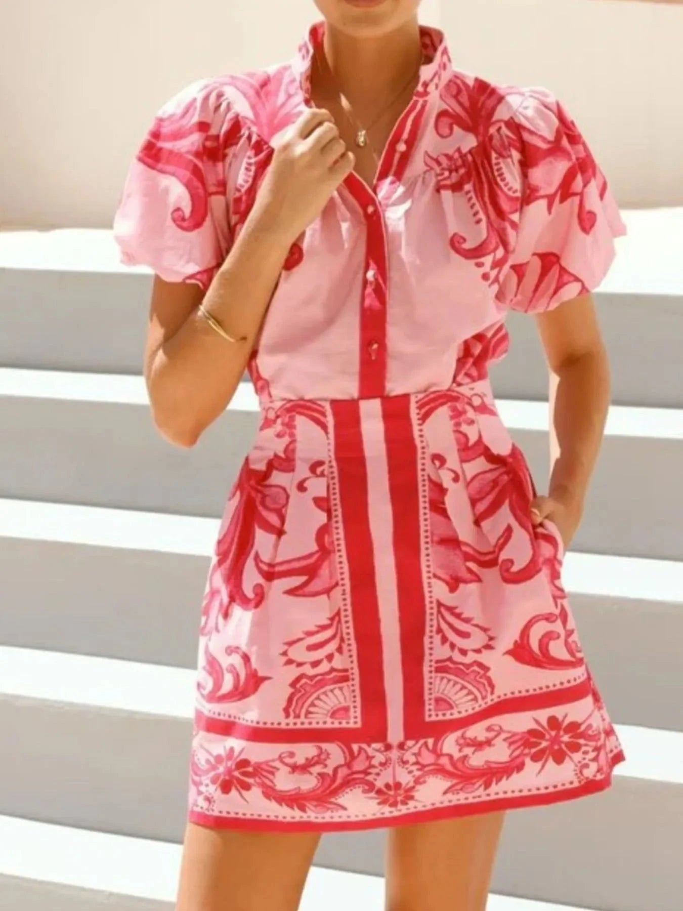 Printed Puff Sleeve Top and Skirt Set Red / S