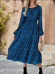 Printed Round Neck Balloon Sleeve Dress