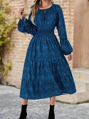 Printed Round Neck Balloon Sleeve Dress