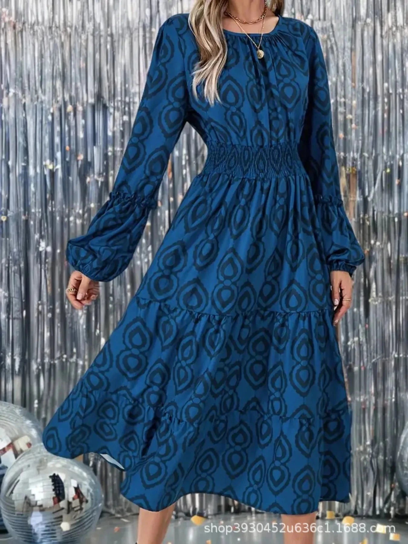 Printed Round Neck Balloon Sleeve Dress Blue / S