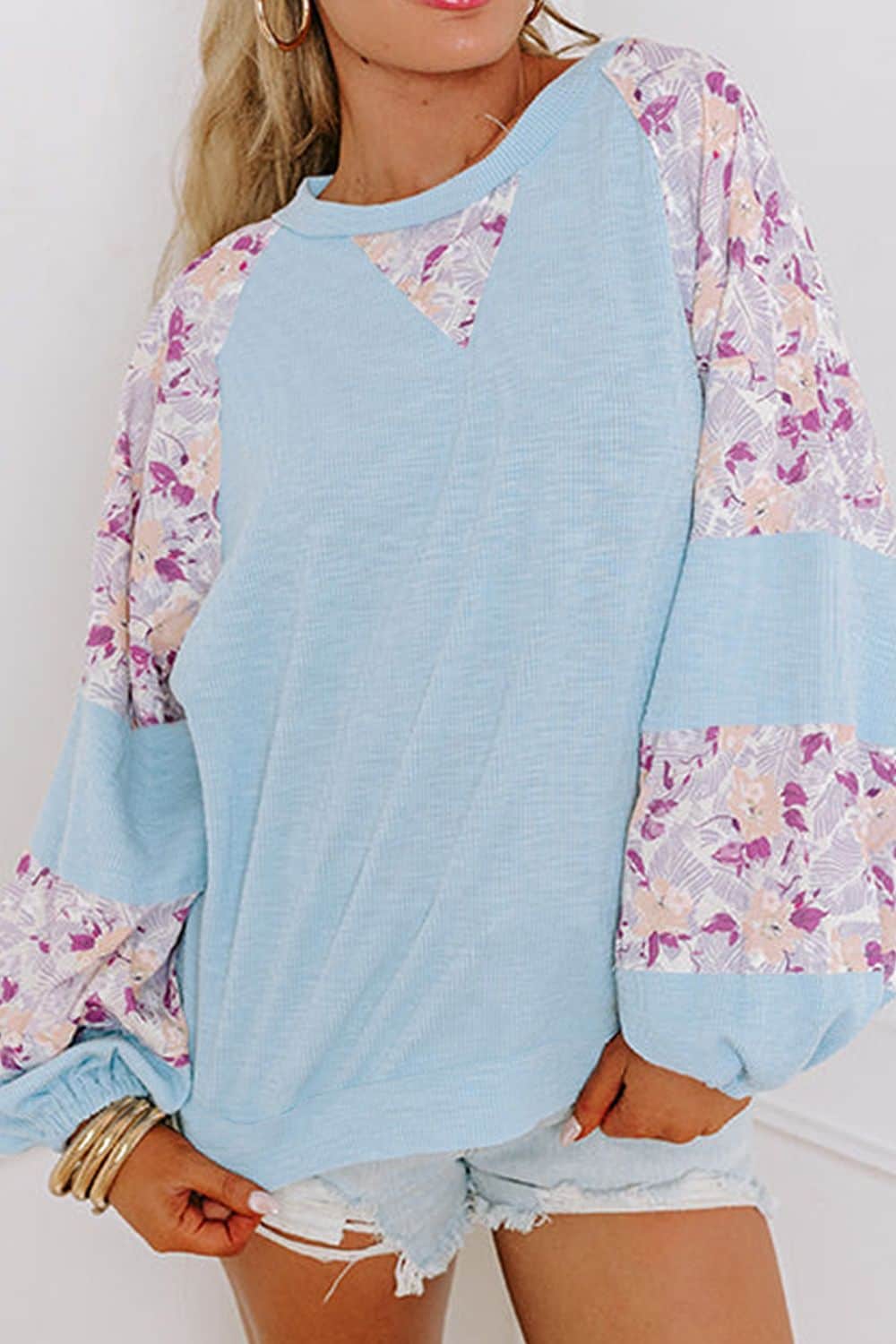 Printed Round Neck Balloon Sleeve Sweatshirt Light Blue / S