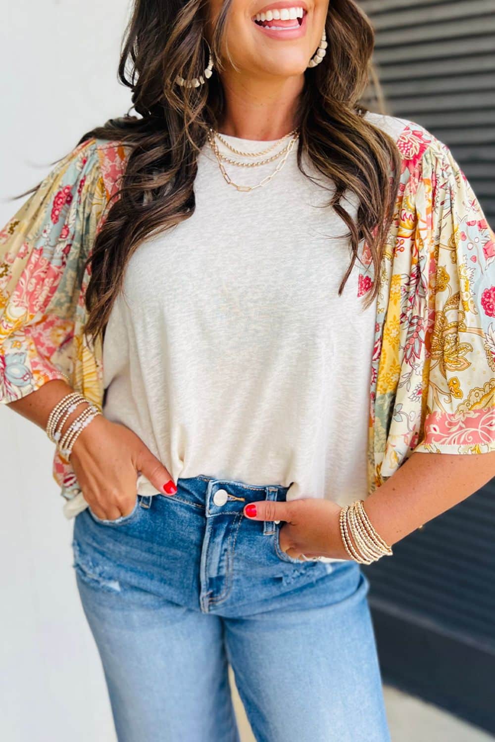Printed Round Neck Flutter Sleeve Blouse Beige / S