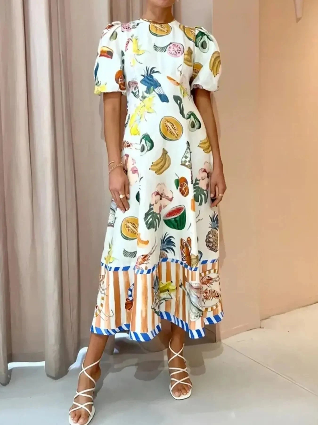 Printed Round Neck Puff Sleeve Dress