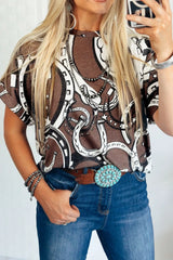 Printed Round Neck Short Sleeve T-Shirt Brown / S
