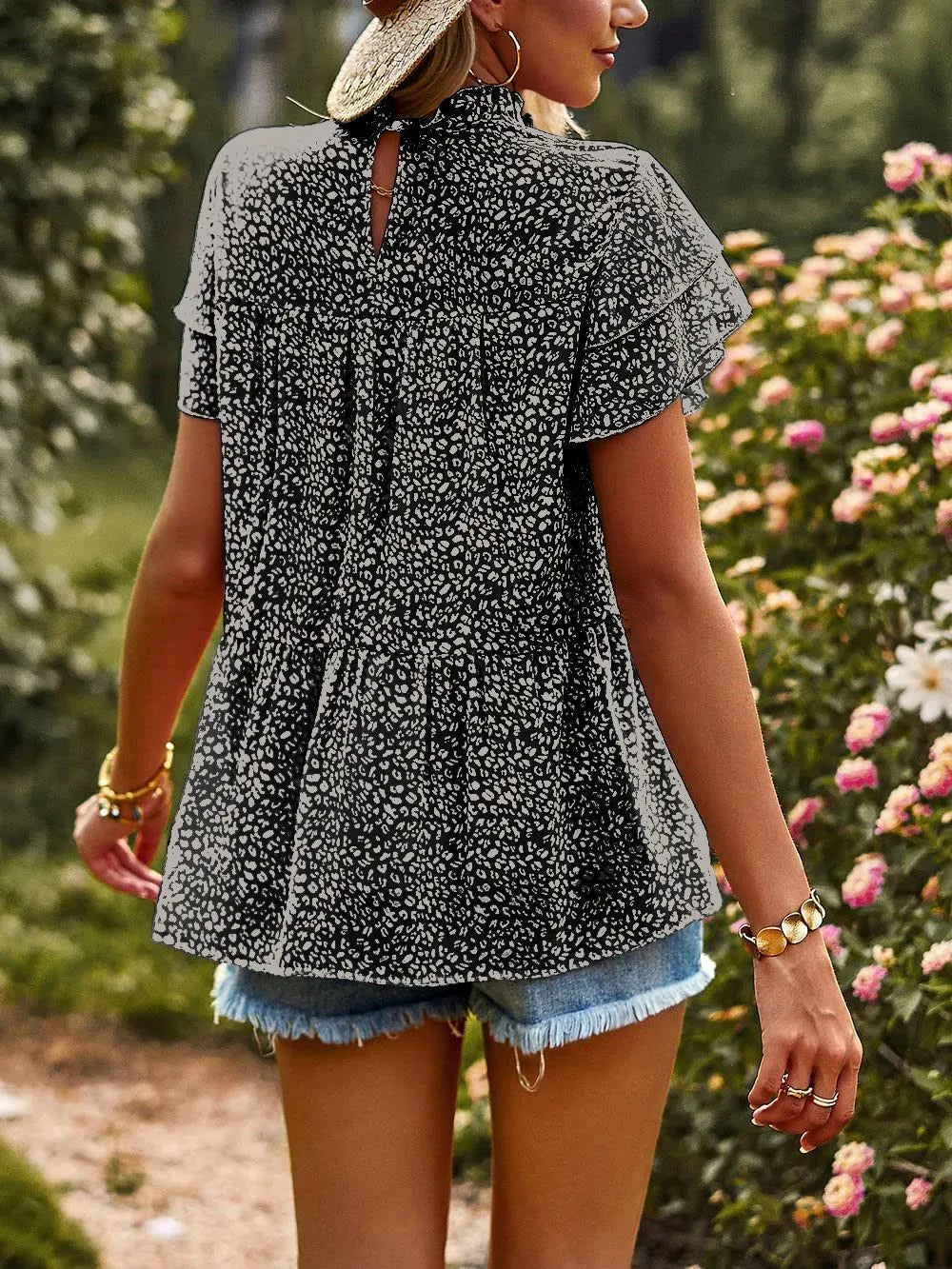 Printed Ruffle Sleeve Babydoll Blouse
