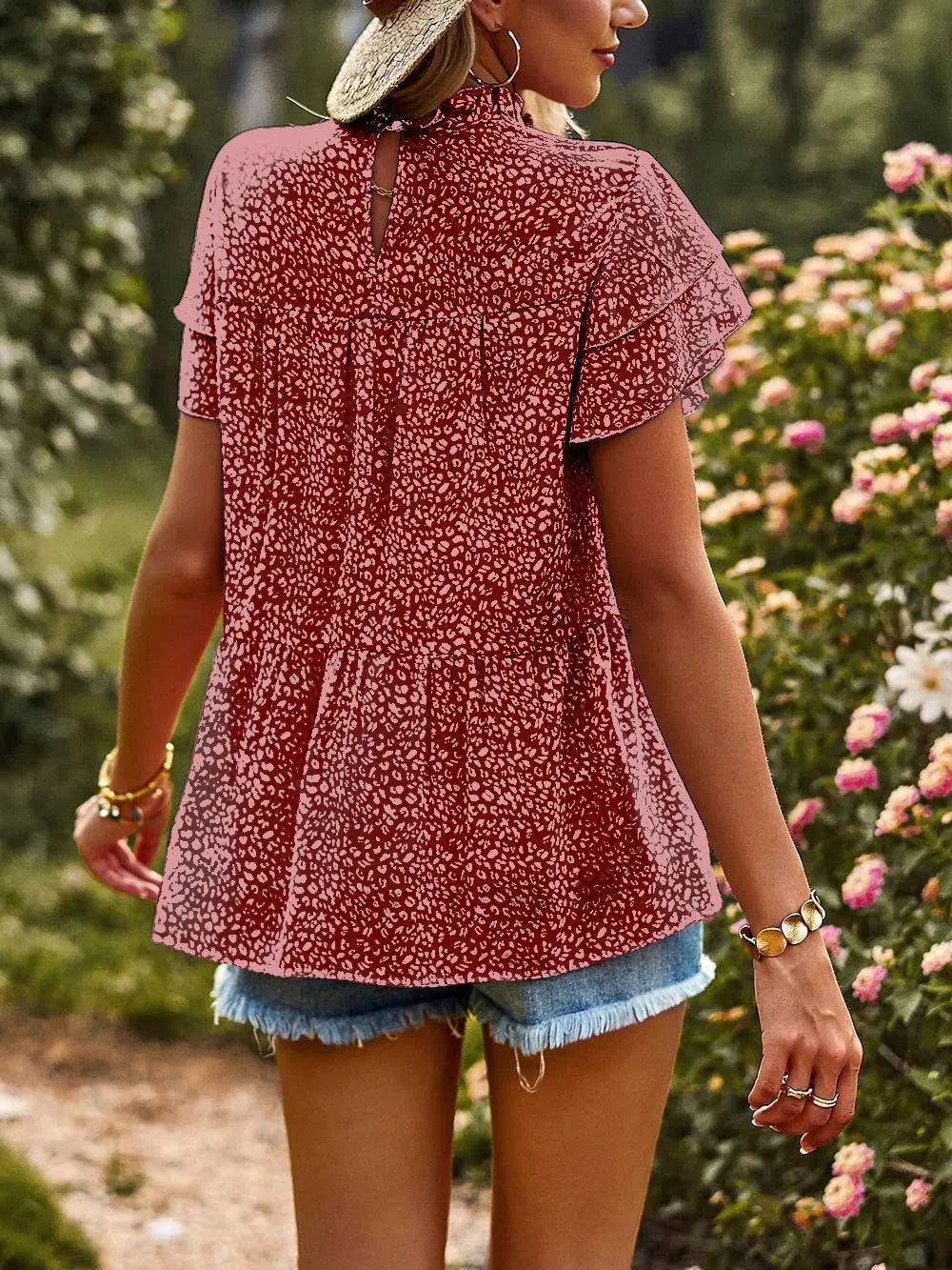 Printed Ruffle Sleeve Babydoll Blouse