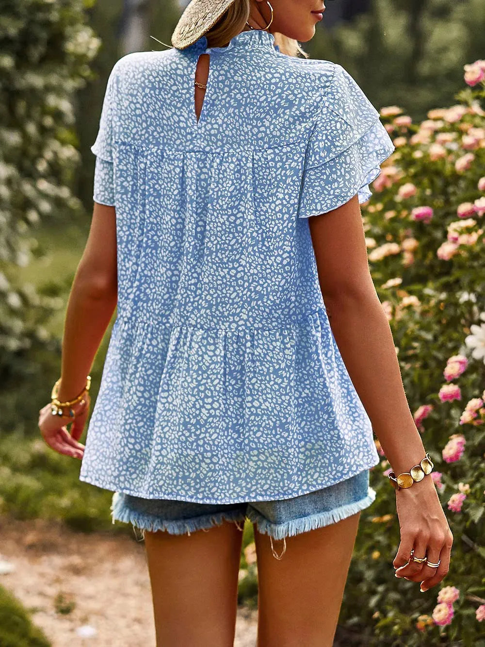 Printed Ruffle Sleeve Babydoll Blouse