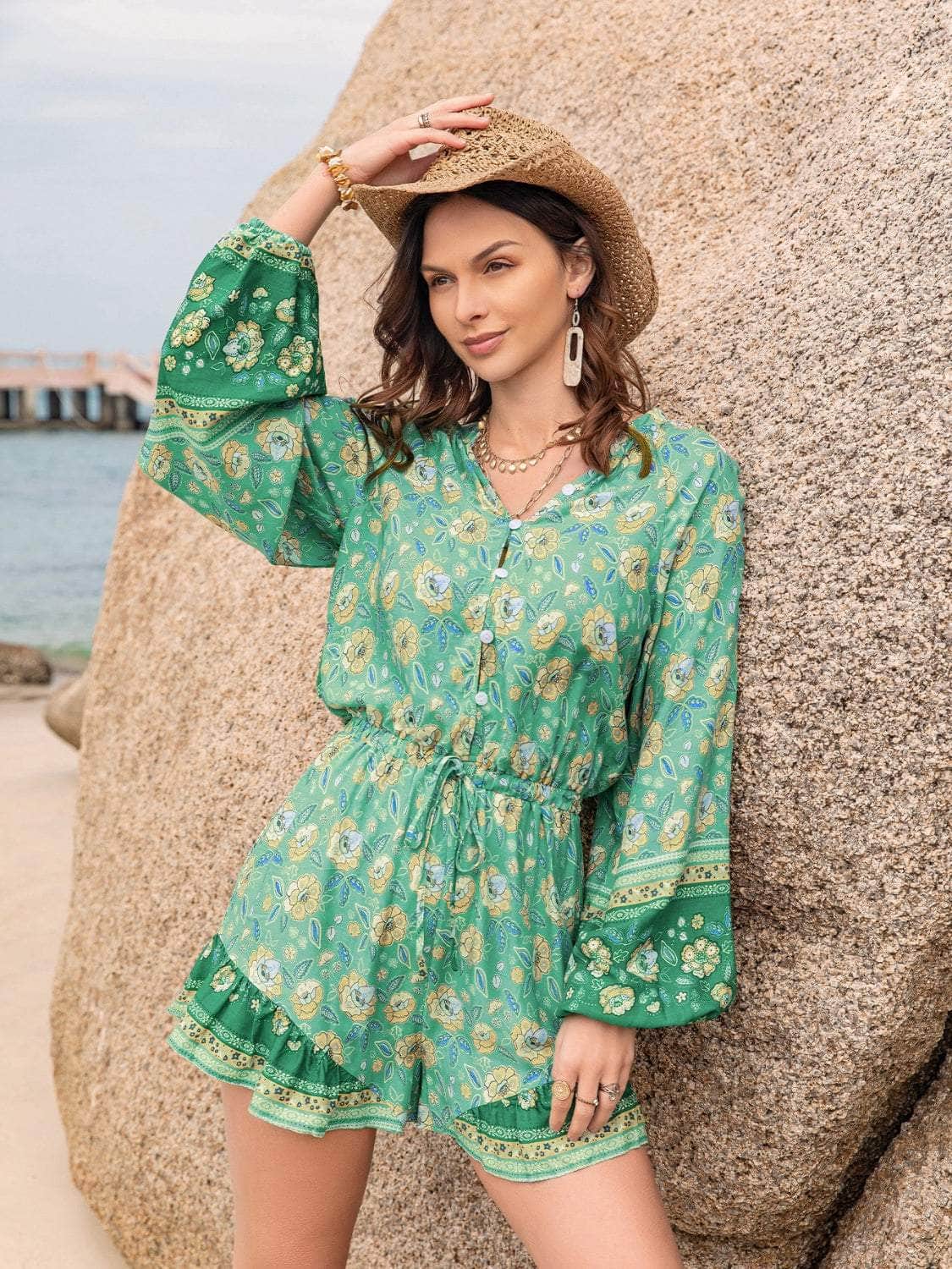 Printed Ruffled Balloon Sleeve Romper Green / S
